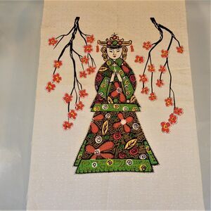 Vintage Japanese Geisha Silk Picture Panel Cherry Blossoms Green Pink